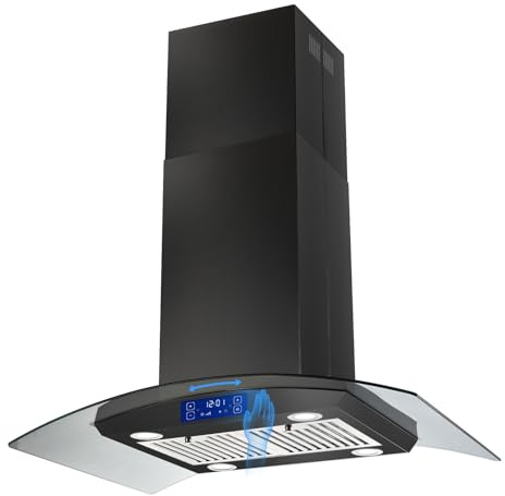 JOEAONZ 36 inch Island Range Hood 700CFM Black Painted Stainless Steel, Gesture & Touch Control Panel Ceiling Mount Kitchen Vent Hood Ducted/Ductless Convertible Extractor, Exhaust Fan 4 LED Lights