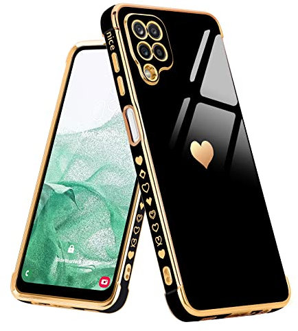 Urarssa for Samsung A12 Case Cute Bling Plating Heart Design Cases Women Girls Shockproof Bumper Silicone Slim Protective Cover for Samsung Galaxy A12 5G, Black