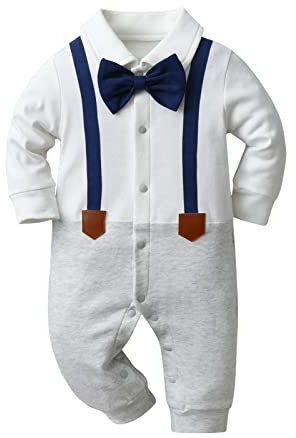 Tearfuty Baby Boy Outfit Bow Tie Long Sleeve Romper Pant Gentleman Clothes Set for Photo Photography White（0-3 Months）