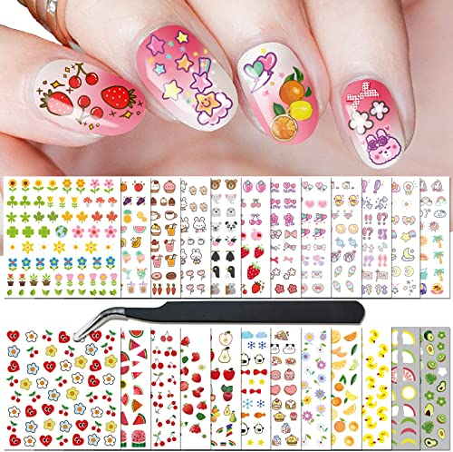 24 Blätter Nagelsticker Nagelaufkleber Nagelkunst für Frauen Mädchen Kinder Süße Dekoration DIY Nageldesign Nageltattoos 1000+ Stück
