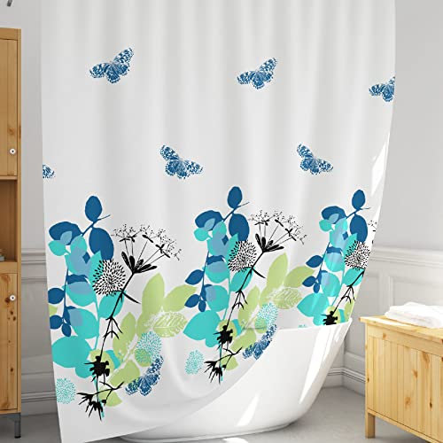 Rideau de douche blanc a fleur avec anneaux inclus accessoire de salle de bain décoratif & pratique | Rideau douche tissu lavable en joli motif papillons idéal Rideau de baignoire large 180x200