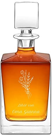 Maverton Whisky Karaffe mit Gravur 810 ml - graviertes Whiskey Dekanter mit Namensgravur für Frauen - Whisky Glaskaraffe - Whiskyflasche für Whiskygenießerin - Blumenstrauß