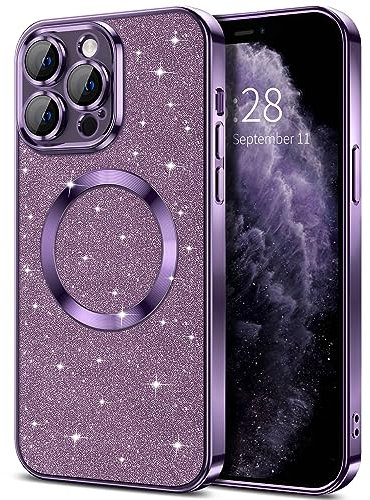 Hython for iPhone 11 Pro Max Case Glitter, Clear Magnetic Phone Cases with Camera Lens Protector [Compatible with MagSafe] Bling Sparkle Plating Soft TPU Slim Shockproof Protective Cover Women-Purple