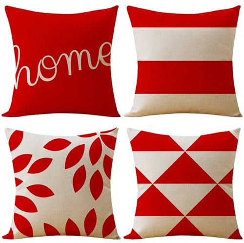 Kissenbezug 70x70 cm 4er Set Rot Kissenbezüge Dreieck Outdoor Kissen Leinen Quadrat Sofakissen Dekokissen Gartenmöbel Kissen couchkissen kissenhülle für Couch Wohnzimmer Büro Auto Home Decor Geschenke