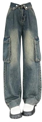 Hose mit weitem Bein, koreanische Mode, Hip-Hop, blau Gewaschene Jeans, gerade Jeanshose, Weite Taschen, 2000er-Jahre-Ästhetik-Blau-S