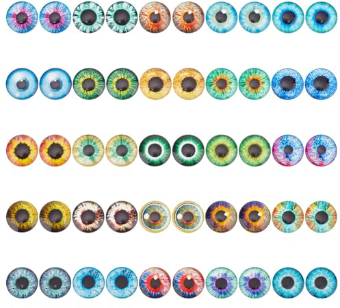 PH PandaHall 30mm Yeux de Cabochon en Verre, 50pcs 25 Styles Yeux de Dragon en Verre Dôme Demi-Rond Yeux de Cheval Yeux de Chat pour Accessoires de Sculpture Plateaux à Pendentif Dôme Photo Halloween