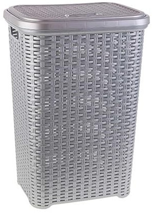 Acan Tradineur - Cesto para Ropa Sucia con Asas y Tapa, pongotodo Rattan de plástico, Cubo para Colada, imitación Mimbre, Fabricado en España (Plata - 60 L)