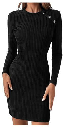GORGLITTER Women's Ribbed Knit Long Sleeve Mini Short Dress Round Neck Button Bodycon Dresses Black M