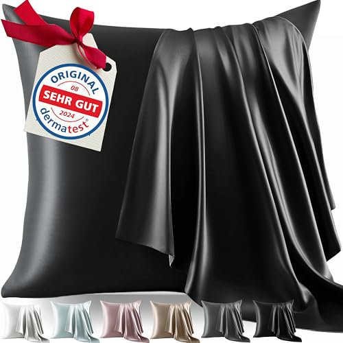 Welldora Kissenbezug aus 100% Seide 80x80 | Hohes Gewicht: 22 Momme, ideal für Haut und Haar | Höchste Güteklasse 6A | Zertifiziert in der Schweiz | Oeko-Tex* Seidenkissenbezug Graphitschwarz