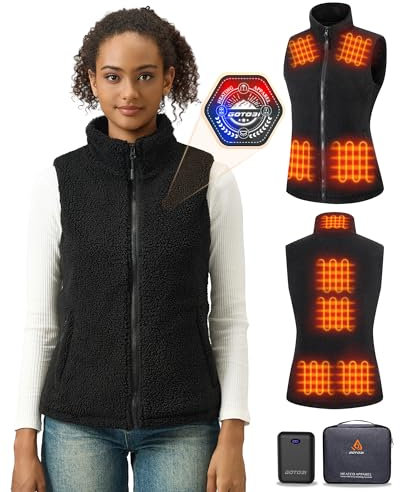 GOTOBI Gilet Chauffant Femme PolaireAvec Batterie 16000mah 7,4v Incluse, 9 Zones De Veste Chauffante, Gilet Chauffant Electrique Avec 3 TempéRatures RéGlables Pour Le Travail En ExtéRieur,Noir,S