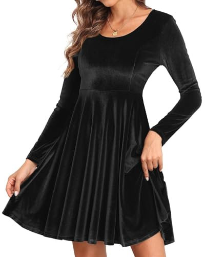 Joligiao Women's Long Sleeve Velvet Dress - Round Neck Swing Mini High Waist Elegant Short Sexy Cocktail Evening Clubbing Autumn Winter Black M