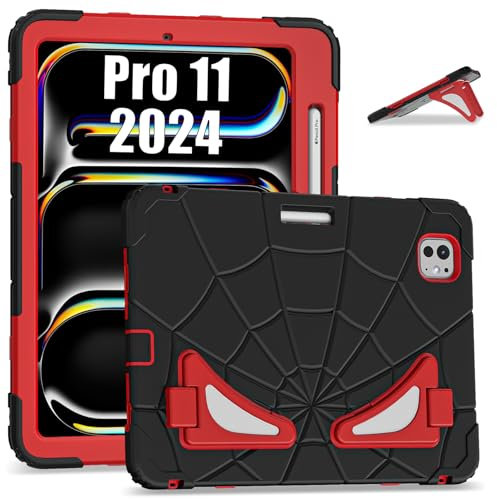 ANROD für iPad Pro 11 Zoll M4 2024 (A2836/A2837/A3006) Robuste Kinder Hülle mit [Pen Halter] [Doppel Ständer] Stoßfester PC + Silikon Hybrid Heavy Duty Armor Kinder Hülle (Schwarz+Rot)