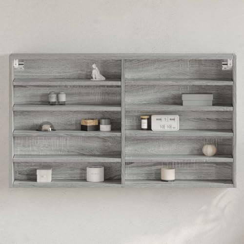 Sufrk Vitrine Sonoma Grau 100 x 15 x 58 cm Mehrschichtholz Vitrine Wohnzimmer Elegante Vitrine aus Holz Kristallschrank