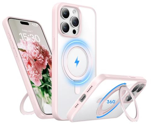 Niunisi Stand for iPhone 15 Pro Case, [Compatible with Mag Safe] 360° Rotatable Ring Holder Kickstand Military Shockproof Protective Case for iPhone 15 Pro 6.1 Inch, Pink