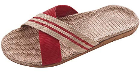 Pantofole unisex estive – Sandali piatti per coppia d'amore, boho scarpe da spiaggia bicolore estive con cinturino a croce in paglia, Z03 rosso, 39 / 40