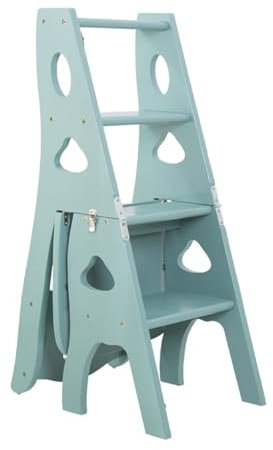 4-stufiger Klappleiter aus Holz für Bibliothek, Küche und Home Office, multifunktionaler Tritthocker mit Ausstellungsregalen und Planständer