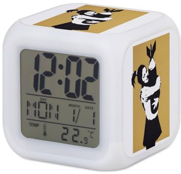 Fabulous Banksy Bomb Hugger Bomb Girl Street Art Graffiti Wecker beleuchtet Weiß – 7,8 x 7,8 x 7,8 cm – Retro Beleuchtung Mehrfarbig LED
