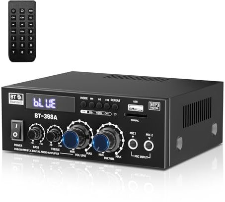 HiFi Amplificador Audio,1000W Amplificador Estéreo Bluetooth 5.3,12V 220V 2 Canales,Alta fidelidad, para Dos 60W x2 Altavoces de Unas 10 Pulgadas,Radio FM Portátil, SD Card/USB Input