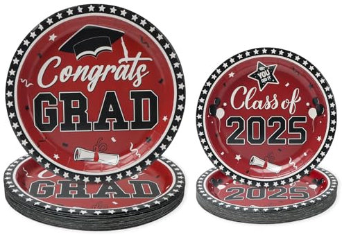 PARTY GO Set di stoviglie per feste, 50 pezzi, piatti di carta rossa, inclusi 25 piatti piani da 23 cm e 25 piatti da dessert da 18 cm, design graduato per 2025 feste di laurea per 25 ospiti