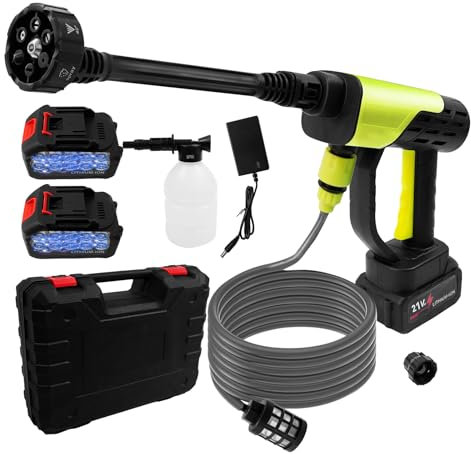 21V Akku Hochdruckreiniger mit 2 x Akku 3000mAh, Tragbare Hochdruckreinigerpistole, 6-in-1 Multifunktionsdüse, 5m Schlauch, Hochdruckreiniger-Jet-Washer für Auto, Terrasse, Garten, Zaun