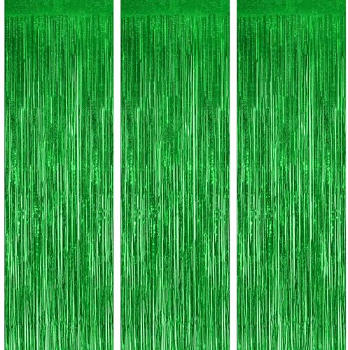OFFCUP Tende Metalliche, 3pz Tende Metalliche Feste, 1x2m Tinsel, Adatto per Compleanni, Matrimoni, Baby Shower, Feste, Lauree, Decorazioni Natalizie, Sfondo della Parete Fotografica (Verde)