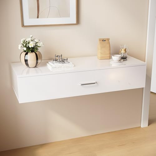 SUNXURY Hängeschrank 1000 x 380mm Holz Hängend Schreibtisch Arbeitstisch Schminktisch Wandhängend mit Schublade Weiß Hochglanz