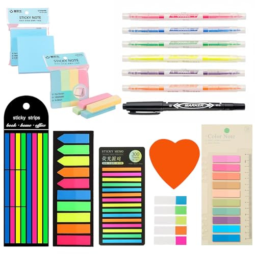 Haftnotizen Set, 1350 Stücke Sticky Notes with 6 Textmarker Colorful Transparent Haftnotizen Index Tabs Sticky Tabs Pagemarker Set Wasserfest Clear Sticky Notes School Supplies für Office Hause