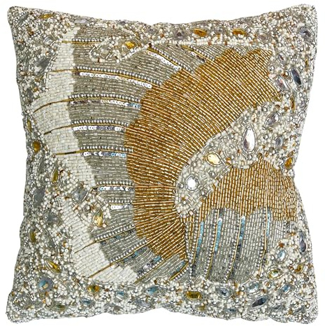 Olio Marfa Luxury Hand Pillow Covers-Beaded Square Cushion Cover - 14x14 inch Throw Pillow with Elegant Wings Design - Handmade Accent Pillow - Silver Gold Multi