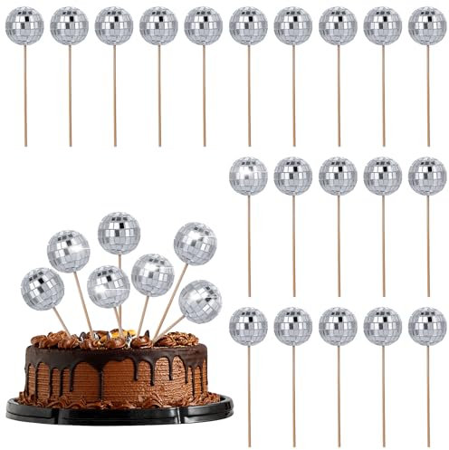 20 Pieces Disco Ball Decoration Cake Cupcake Toppers Decor Retro Cake Decorations with Stick Shiny Mini Disco Ball for Christmas 70s Theme Party Favor Dessert Birthday Decorations Ornament(Silver)