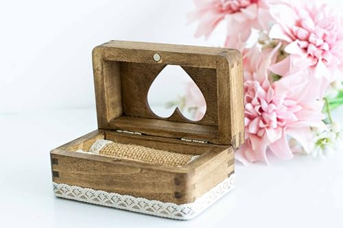 Generisch Rustikale Holz-Ringbox, Vintage Ringschatulle mit Spitze, Hochzeit & Verlobung Ringkästchen Herz