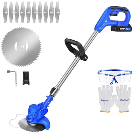 Garden Cordless Strimmer - Electric Grass Strimmer with Metal Blade - 21V 1.5Ah Lithium Battery & Fast Charger - Lightweight Lawn Mower - For Garden Clearing Weeds Trees - Blue