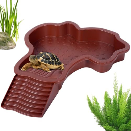 Smileshiney Piscina per Rettili - 35x28,5x4,3 Cm Vasca da Bagno per Tartarughe, Plate per Acqua per Tartarughe con Rampa, Ciotola Acqua Rettile, Piscina per Tartarughe E Anfibi, Red Brown