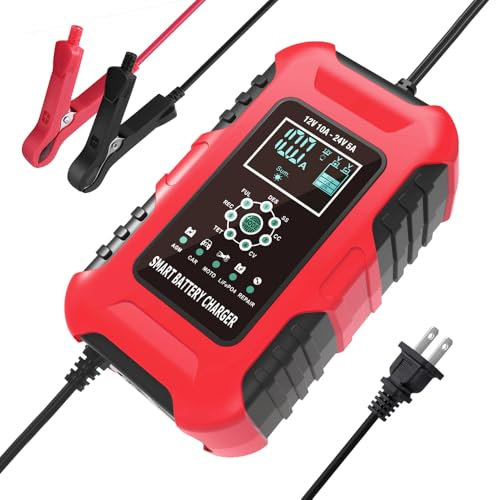 Cirket Chargeur de batterie 12 V et 24 V 5-10 A, chargeur de batterie intelligent portable à 7 étapes pour réparation de voiture, moto Lifepo4 (rouge)