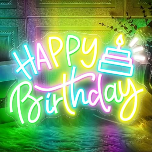 Timogift Happy Birthday Neon Sign, Reusable Dimmable LED Neon Night Light Birthday Party Decorations, Art Decorative for Backdrop Party Bedroom Wall Décor Any Ages Bday Celebration Decoration