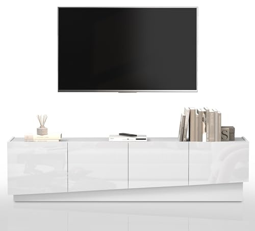 WHOUS Mobile Porta TV VELA per Soggiorno con 4 Ante e 2 Vani Interni, Mobile Tv per Salotto in Legno, 180x35x45,4 cm, Bianco Lucido