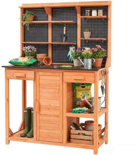 Agitron Wetterfester Garten-Holzschrank für den Außenbereich mit Lochwand, Schubladen und Stauraum Wetterfester Pflanztisch für den Outdoor küche mit Regalen und Werkbank für Gartengeräte