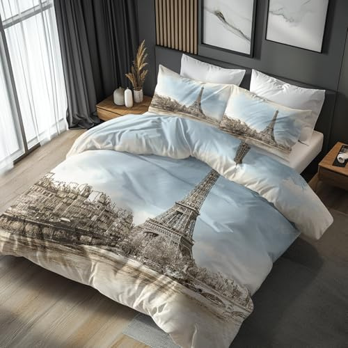 Generisch Bettwäsche 155x220 Eiffelturm in Paris - Schlafzimmer Deko Bettbezug 155 x 220 2tlg Vintage Stadtlandschaft Muster, 1 Kissenbezug 80x80, mit Reißverschluss, Weich Mikrofaser DB#118