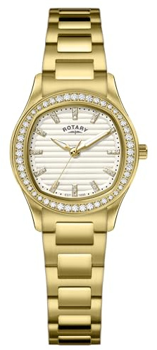 Rotary Ladies Brilliance Stone Set White Dial Gold Plated Stainless Steel Bracelet Watch