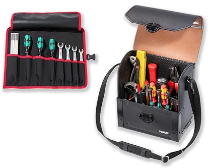 PARAT TOP LINE Mini | Leder Werkzeugtasche leer 8 L | Mit Steckschloss | Inkl. BASIC Roll-Up Case 8 | 17 Fächer | Kleine Werkzeugtasche für Profis & Heimwerker | Robuste Werkzeug Tasche aus Leder