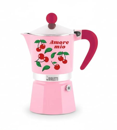 Bialetti Amore Mio Rainbow 3-Tassen-Espressokanne, Rot mit Kirschen, Aluminium, 130 ml, Manuelle Espressozubereitung