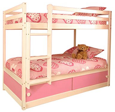 Comfy Living Girls Slide Storage Wooden Bunk Bed in White with Pink Sliding Doors & 2 Basic Budget Mattresses