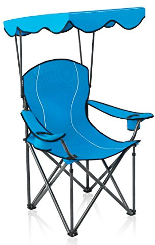 ALPHA CAMP Campingstuhl Faltbar mit Sonnendach bis 160 kg, Angelstuhl Klappbar mit Sonnenschirm und Getränkehalter, Sonnenliege mit Dach für Outdoor, Cyanblau
