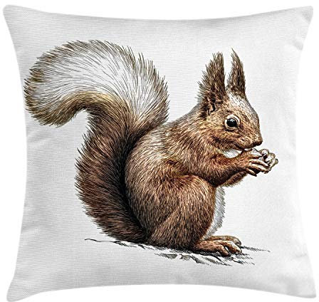 ABAKUHAUS Eichhörnchen Kissenbezug, Sketch Artwork Wildlife, Waschbar mit Reißverschluss Kissenhülle mit Farbfesten Klaren Farben Beidseitiger Druck, 50 x 50 cm, Dunkelbraun Hellbraun Weiß