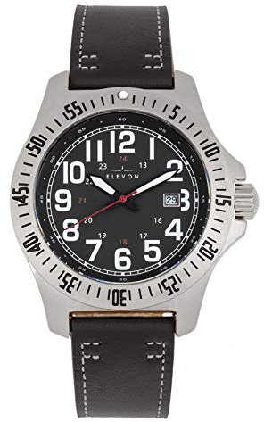 ELEVON Aviator Quartz Black Genuine Leather Silver Men's Watch with Date ELE120-9