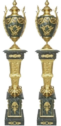 Casa Padrino Barock Deko Porzellan Vasen mit Marmor Säulen Set Grün/Gold 30 x 30 x H. 180 cm - Edel & Prunkvoll