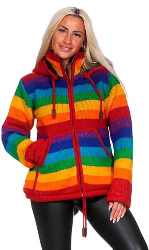 Damen Regenbogen Strickjacke Goa Wolle Jacke mit Fleecefutter und Abnehmbarer Zipfelkapuze, Größe Damen:44