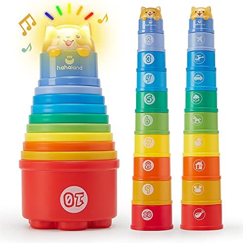 hahaland 10 Stück Stapelbecher Baby Spielzeug ab 1 Jahr, Regenbogen Stapelturm Baby Spielzeug mit Lichter Klänge Zahlen Nisten, Badespielzeug Strandspielzeug für ab 1 2 3 Jahr Junge Mädchen