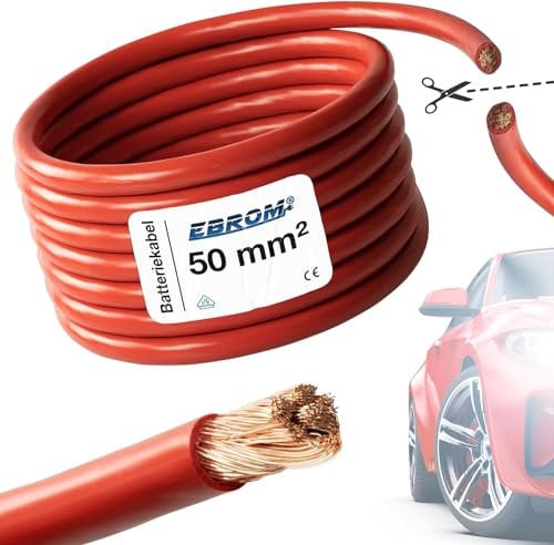 EBROM FLY Fahrzeugleitung - KFZ Leitung – Batteriekabel ROT – Querschnitt 50 mm² - Meterware – flexibel 90 ± 5 Shore - 99,99% Kupfer, Mantel Spezial PVC FLY FLRy - Starterkabel, Fahrzeugkabel 50mm2