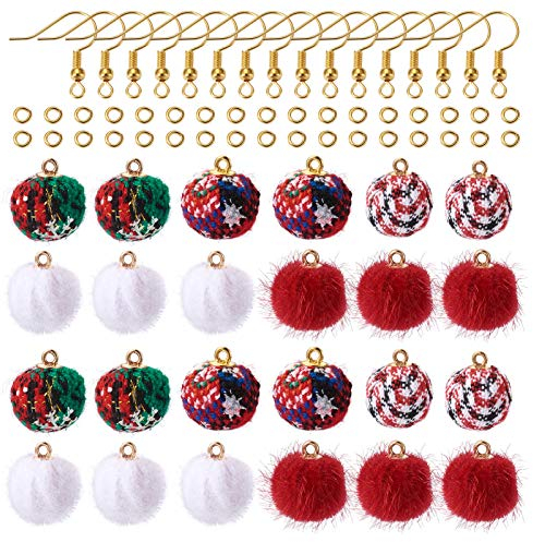 PandaHall, 50 orecchini a pompon in tessuto di pelliccia di Natale, con ganci e anelli di salto, per creare gioielli fai da te