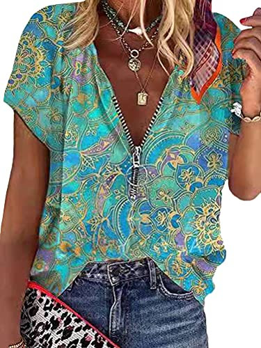 Tomwell Damen Blusen Tuniken Elegant V-Ausschnitt Blumen Retro Sommer Oberteile mit Reißverschluss Frauen Locker Vintage Lustig Kurzarm T-Shirt Lose Shirt Hemd Tops